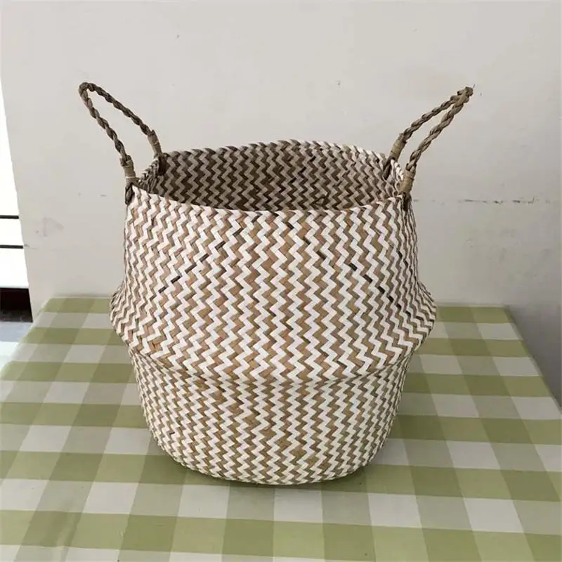 

Foldable Handmade Seagrass Storage Basket Wicker Rattan Belly Straw Home Garden Flower Pot Wave Pattern Planter Laundry Basket