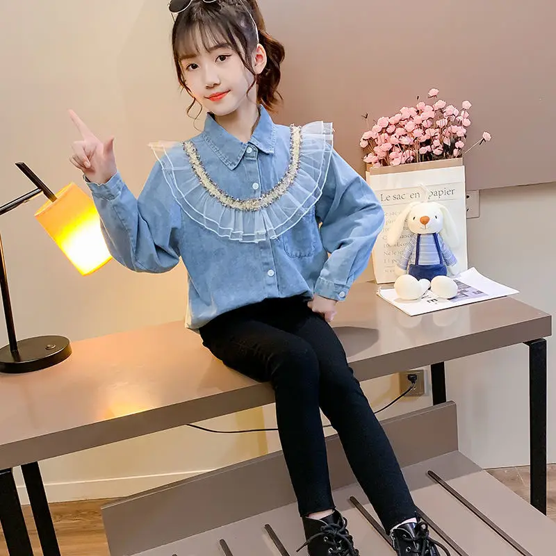 

2021 Summer Fashion Girl Clothing Set New Baby Girls Casual Ruffles Shirt +Jeans Denim Pant Kid Children Girls Clothing Suit Q30