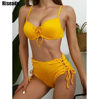 riseado high waist bikini set push up swimwear women swimsuits 2021 solid ribbed bathing suit female lace up sexy biquini yellow
