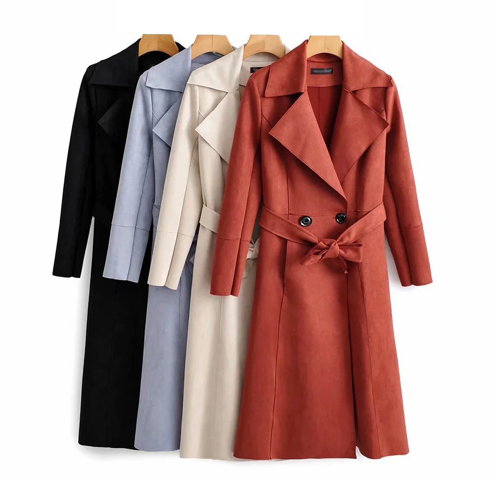 Винтажный женский замшевый длинный Тренч с поясом Новая модная женская