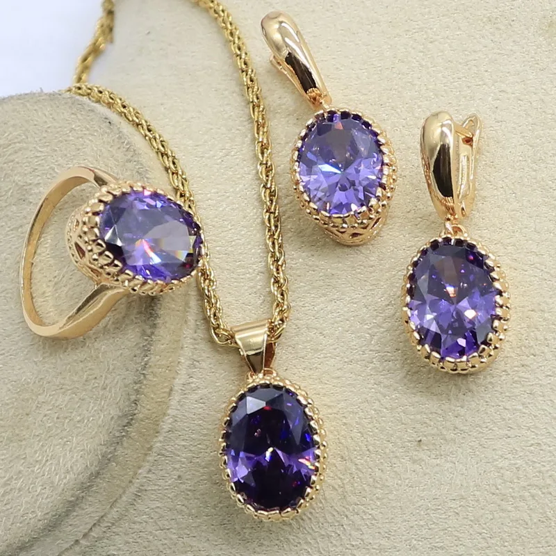 Натуральный фиолетовый кубический цирконий Свадебные Ювелирные наборы золотое