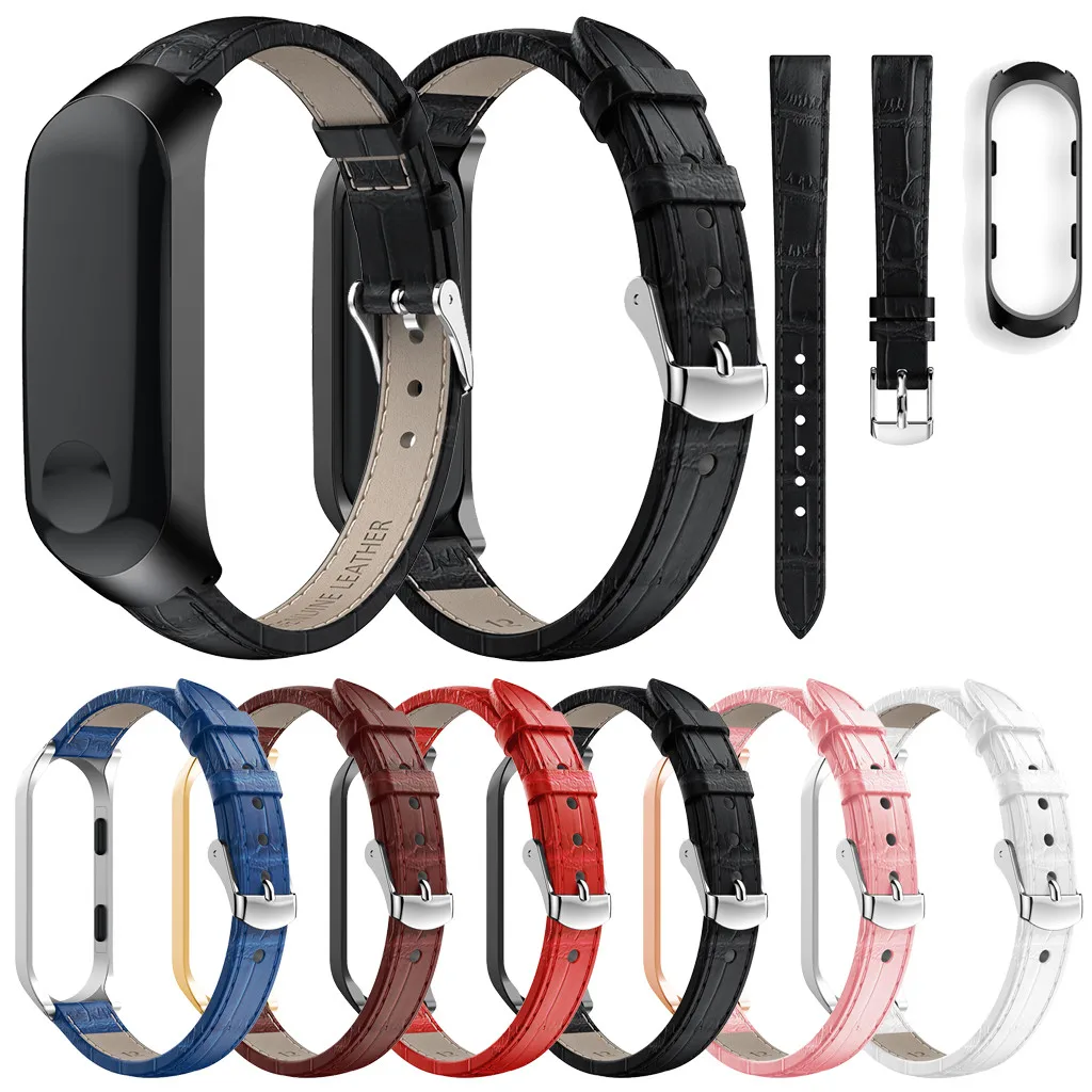 Сменный кожаный браслет ремешок + металлический чехол для Xiaomi Mi Band 3 часов