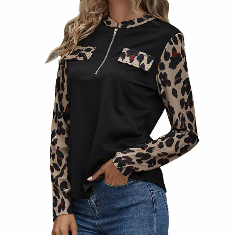 

New Womens Long Sleeve Leopard T Shirt Blouse Ladies Loose Pullover Basic Tops