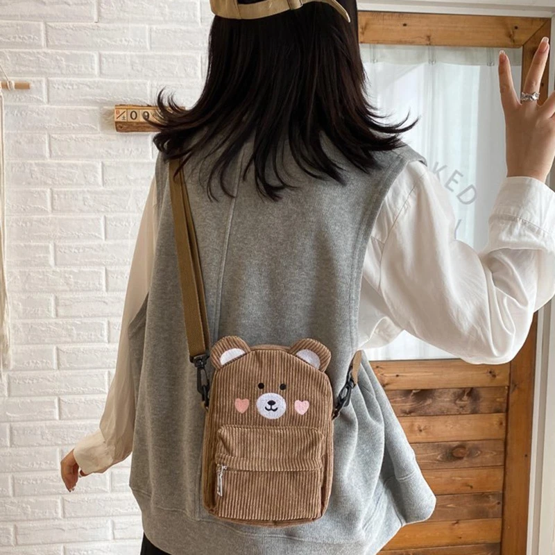 

Lovely Crossbody Bag Corduroy Stripe Zipper Shoulder Bags Lovely Phone Pouch Cartoon Satchel for Women