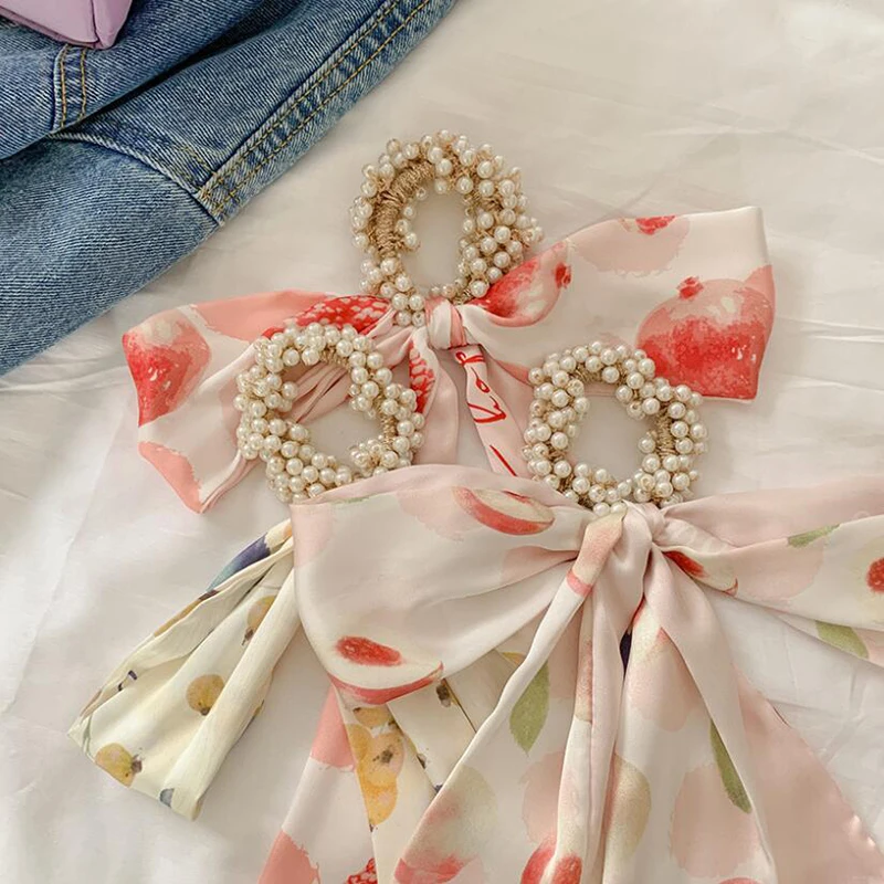 

Women Pearl Hair Ties Fashion Ribbon Hairband Scrunchies Girls Ponytail Printed with a fruit Bow Rubber Band Hair Accessories