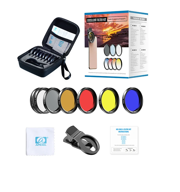 APEXEL камера Сотовый телефон объектив Kit0.45x Широкий+ 37 мм полный синий красный цветной фильтр+ CPL ND32+ Звездный фильтр для iPhone Xiaomi всех смартфонов