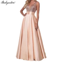bealegantom rose gold v neck prom dresses dubai saudi arabic long sequins satin formal evening bridesmaid party gowns