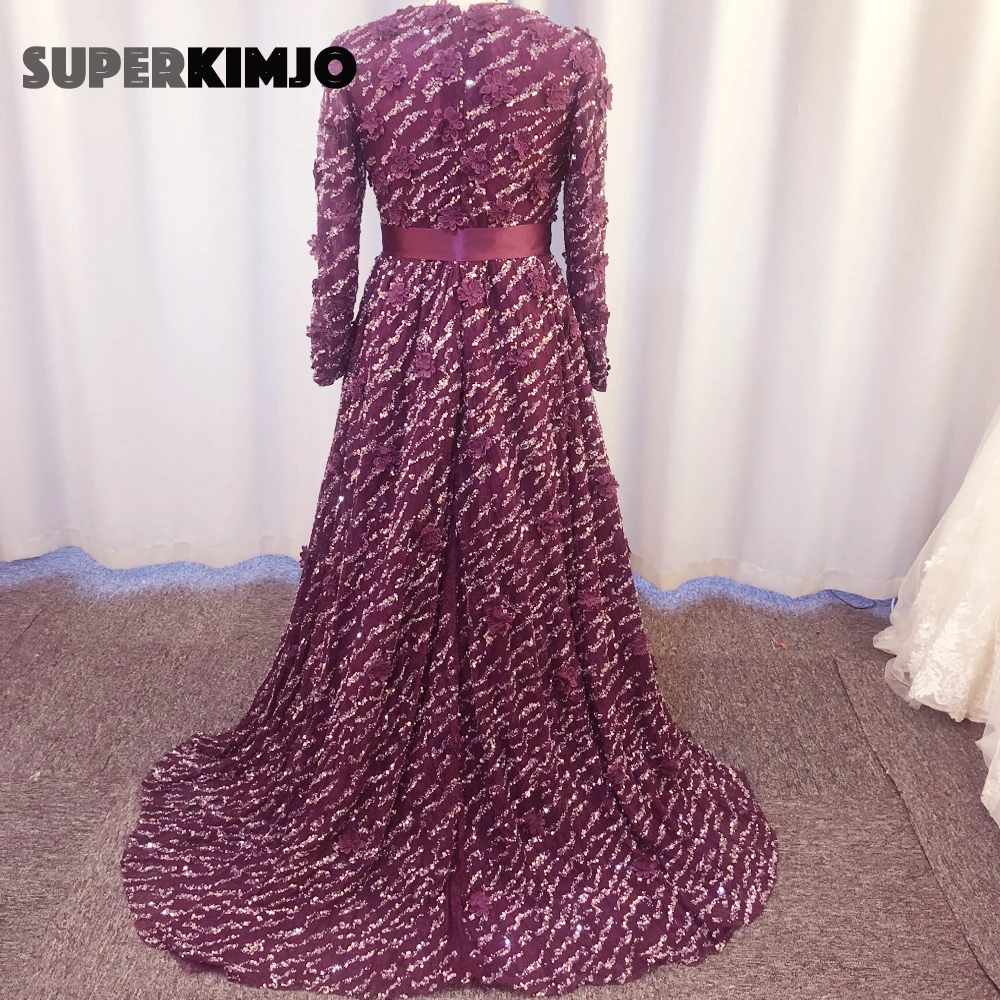 SuperKimJo 2020 Deep Purple Prom Dresses Long Sleeve Vintage Elegant 3D Flowers Beaded Prom Gown Vestidos Largos De Fiesta
