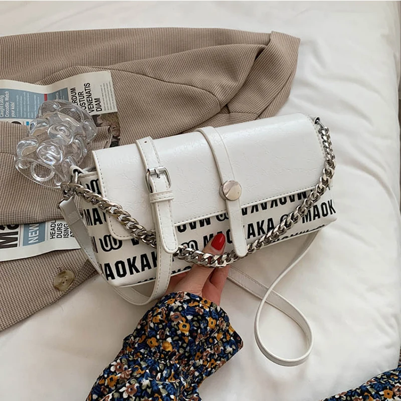 

Luxury Ladies Handbag Design Ladies Leather Bag 2021 New Fashion Letter Printed Chain Buckle Shoulder Bag Underarm Bag