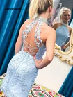 Женское короткое Кружевное платье-русалка, светло-голубое вечернее платье с высоким воротом, расшитое бисером, для выпускного вечера, 2022