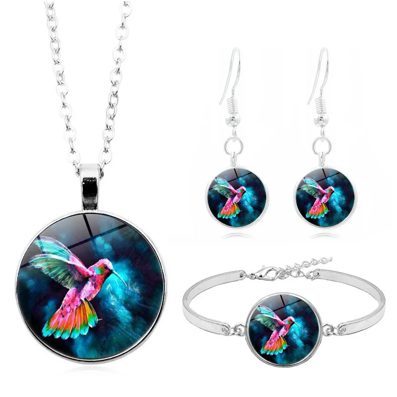 

Hummingbird Cabochon Glass Pendant Necklace Bracelet Bangle Earrings Jewelry Set Totally 4Pcs for Women Creative Sweater Chain