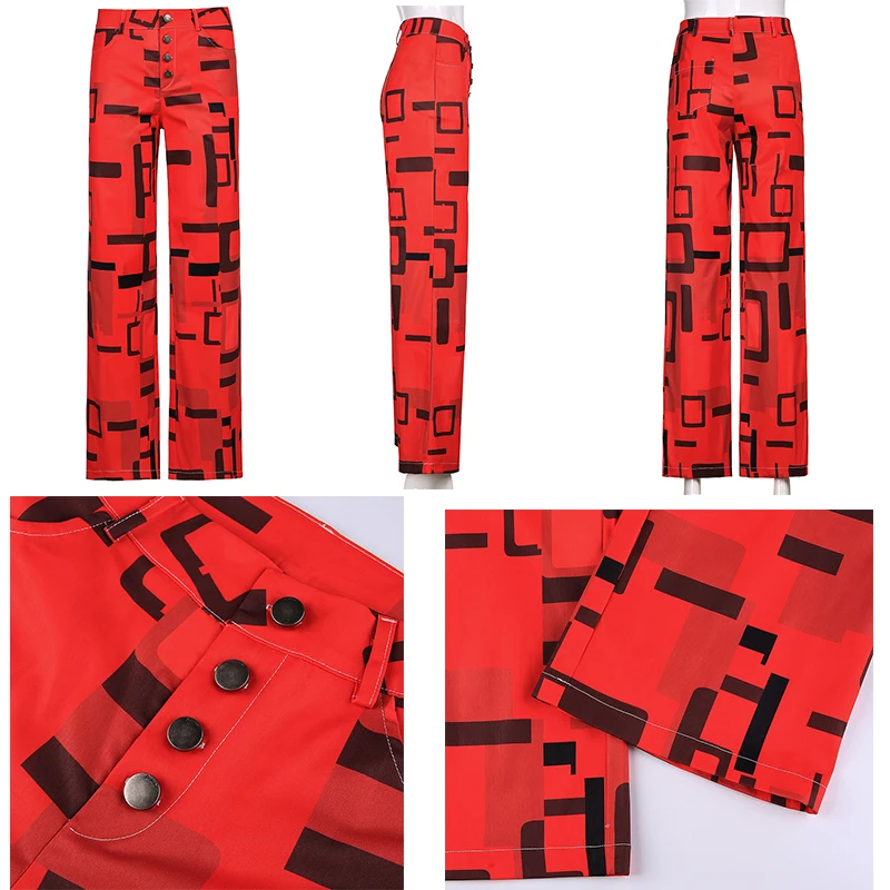 

Rapcopter Red Paisley Cargo Pants Women Button High Waisted Trousers Vintage Fashion Joggers Streetwear 90s Sweatpants 2021 New
