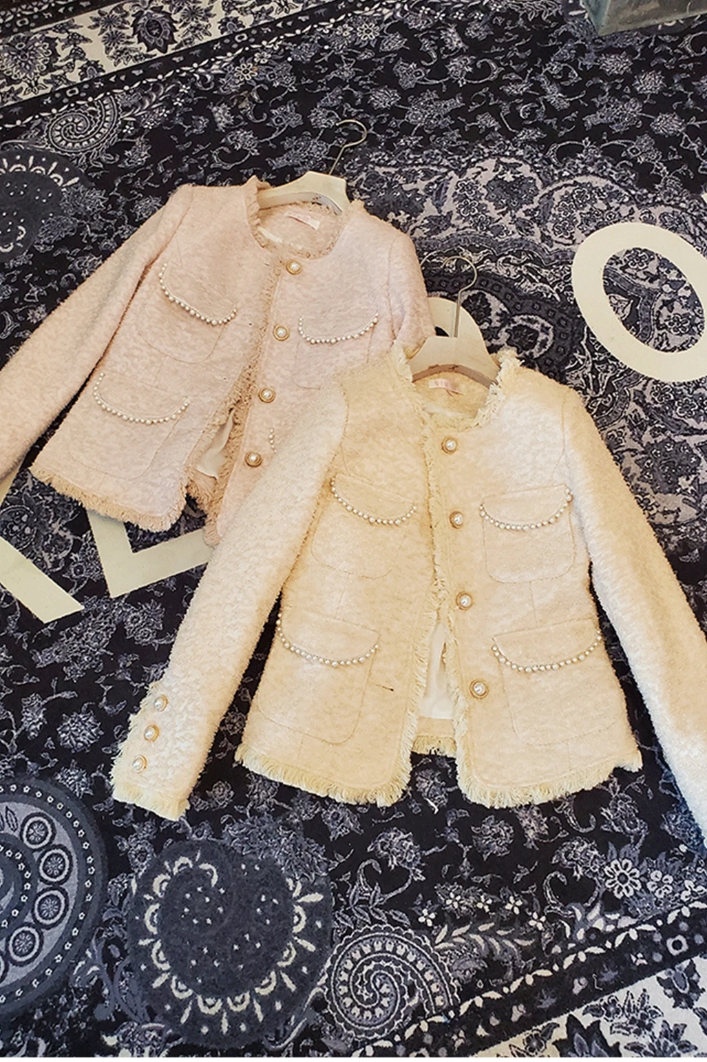 

2020 New Heavy Industry V-neck Pearl Bead Pink Tweed Coat French Style Women's Retro Tassel Edge Slim Wool Coat Lady's