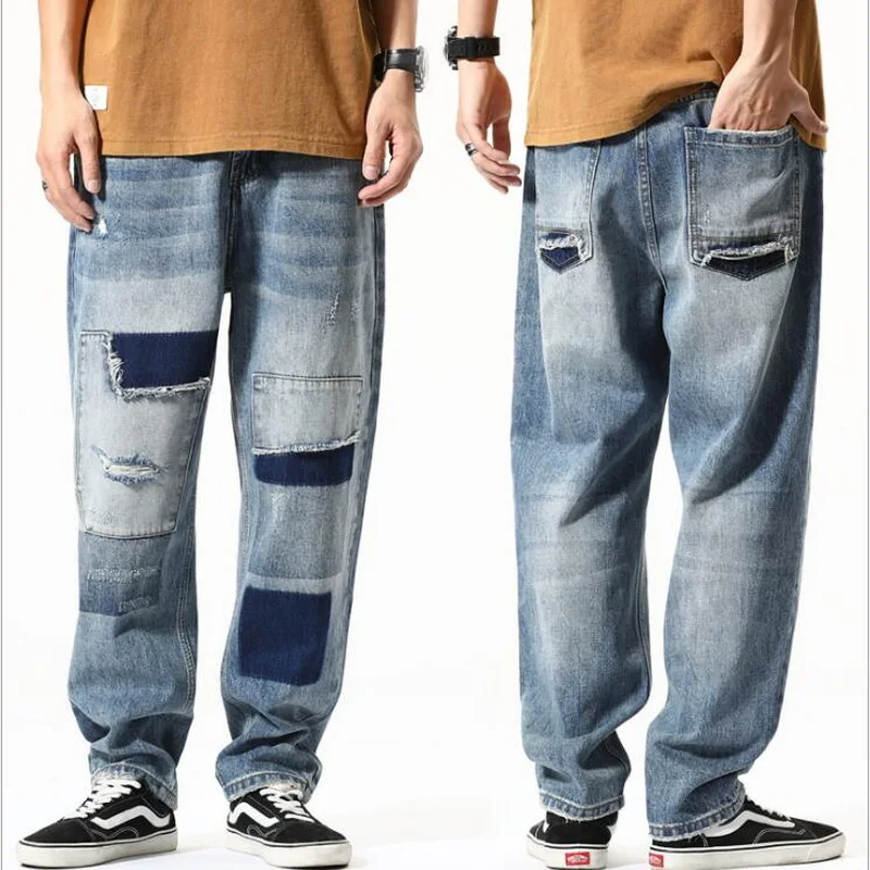 Retro Ripped Jeans Youth Men Loose Straight Casual Denim Pants Brand Patch Ankle-Length Jeans