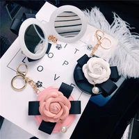 new fashion bow camellia flower key chain portable makeup small mirror bag pendant womens car key chain small gift