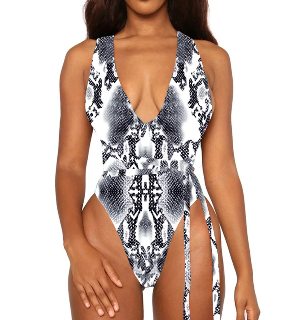 Купальники женские змеиные слитные с глубоким V-образным вырезом и поясом 2020 |