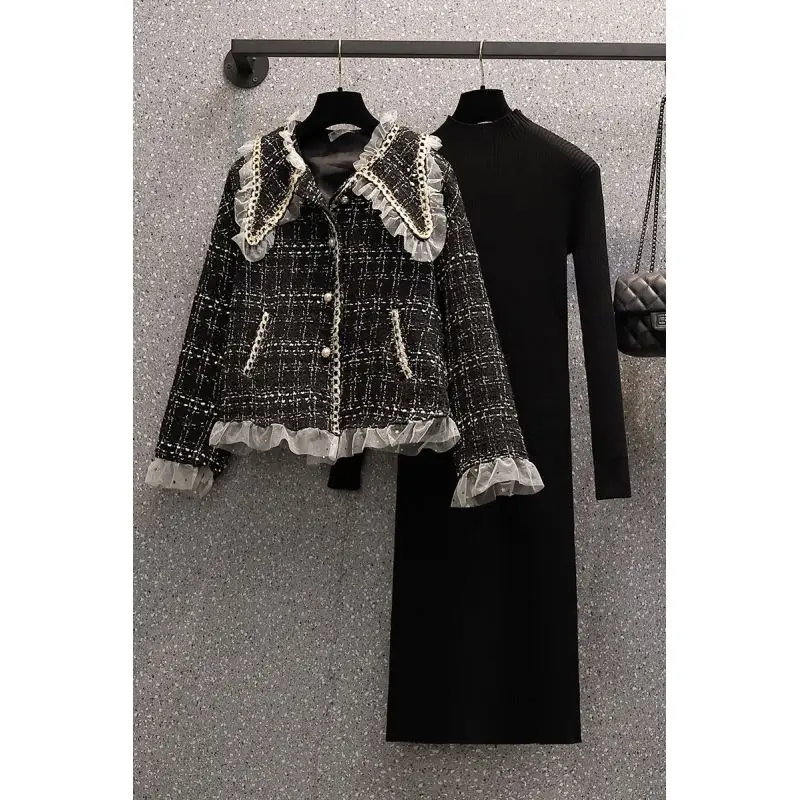 

2021 Spring New Plus Size Women's Fat Sister Slimming Fashion Suit Jacket Knitted Dress Two-piece Trend