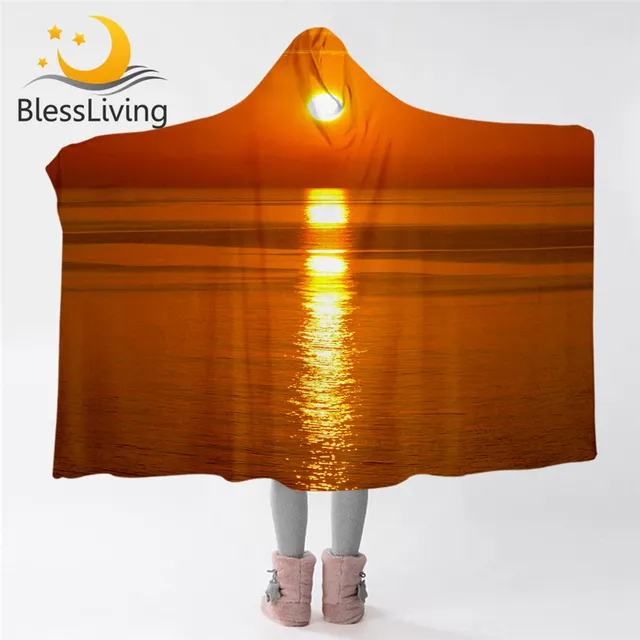 BlessLiving Sunset Hooded Blanket for Adults Spain Majorca View Microfiber Blanket Hoodie Natural Scenery Wearable Blanket 1pc 1