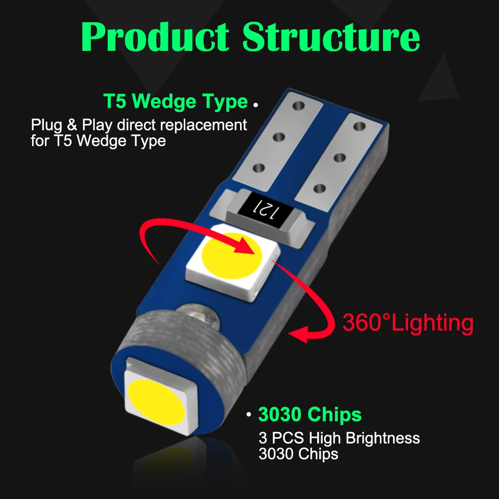 10 шт. T5 светодиодные лампы супер яркие 3SMD 3030 чипы W1.2W W3W Автомобильные клиновидные