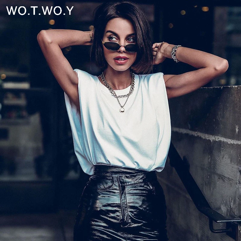 Женская свободная футболка без рукавов WOTWOY черная или белая хлопковая в