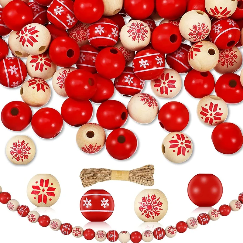 

120Pcs DIY Christmas Snowflake Wooden Bead Wood Round Bead with Rope Polished Spacer Bead Wood Ball Ornaments