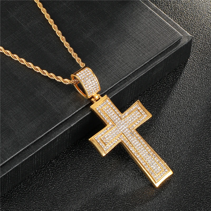 

HIP Hop Gold Color Stainless Steel Bling Iced Out Rope Chain Full 6 rows cz Cross Pendants & Necklaces for Men Jewelry