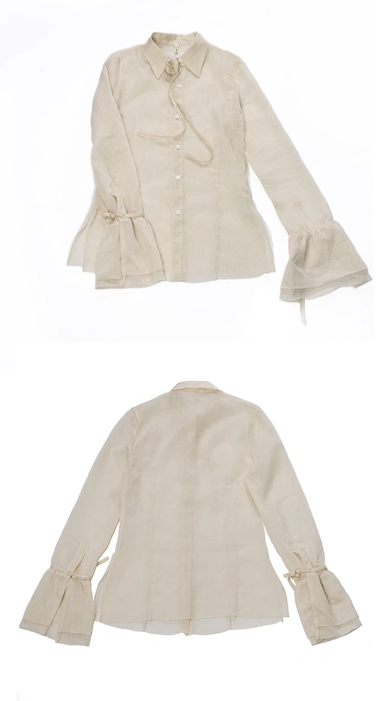 [EAM] Women Black Flare Sleeve Bandage Loose Temperament Blouse New Lapel Loose Fit Shirt Fashion Tide Spring Autumn JR475