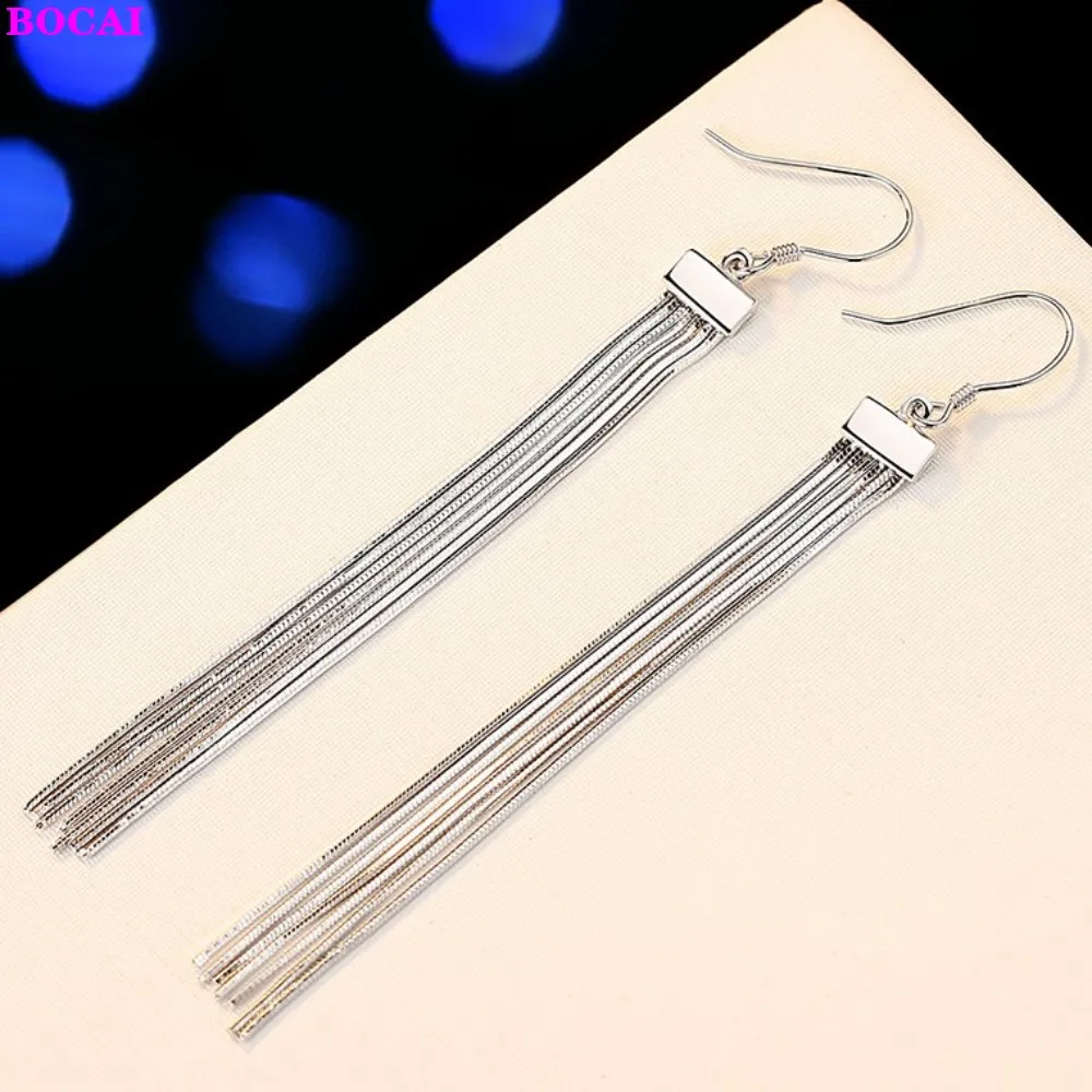 

BOCAI Long S925 Sterling Silver Earrings women's Earrings exaggerated color gold fashion earrings fringe Thai silver accessories