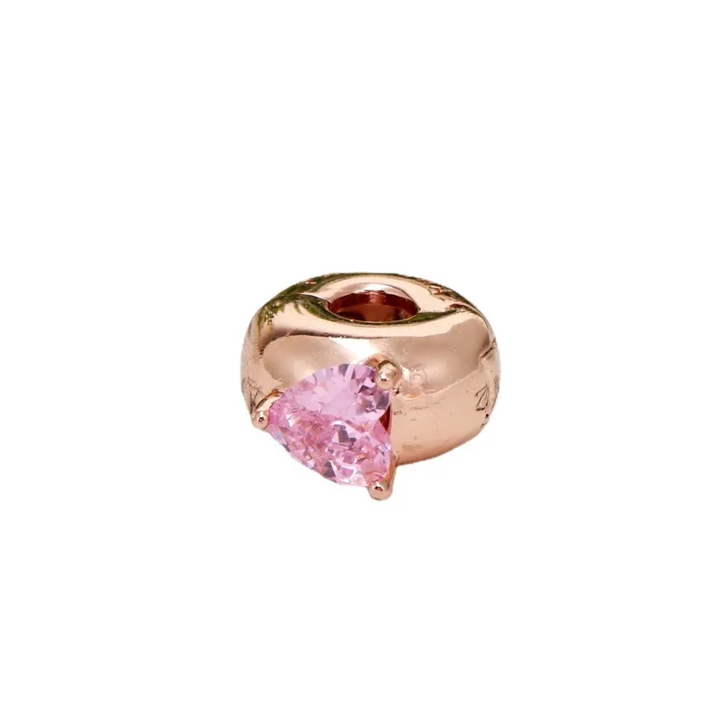 

New 925 Sterling Silver Charm Bead Pink Heart-shaped Solitaire Fits Original Pandora Bracelets DIY Jewelry