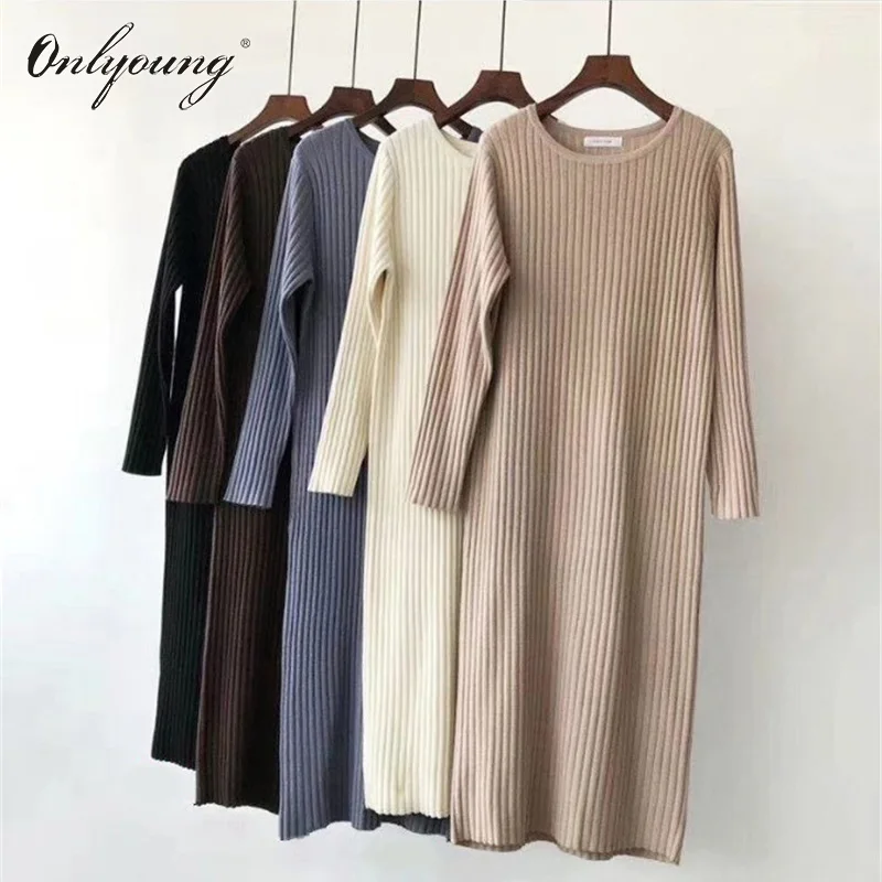Onlyoung 2019 Осень Зима Женское вязаное платье с длинным рукавом элегантное женское
