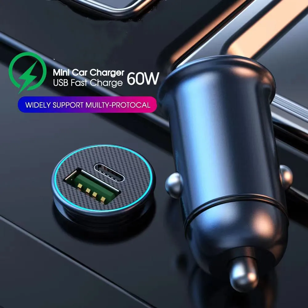 60w car charger usb type c dual ports pd qc fast charging car cigarette lighter for iphone xiaomi samsung type c mobile phone free global shipping