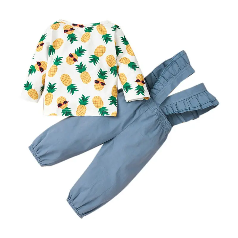 

Baby Cute Pineapple Print Long Sleeve Suit Cotton Casual Round Neck Top Girl Loose Ruffle Blue Strap Pants Two Piece Set