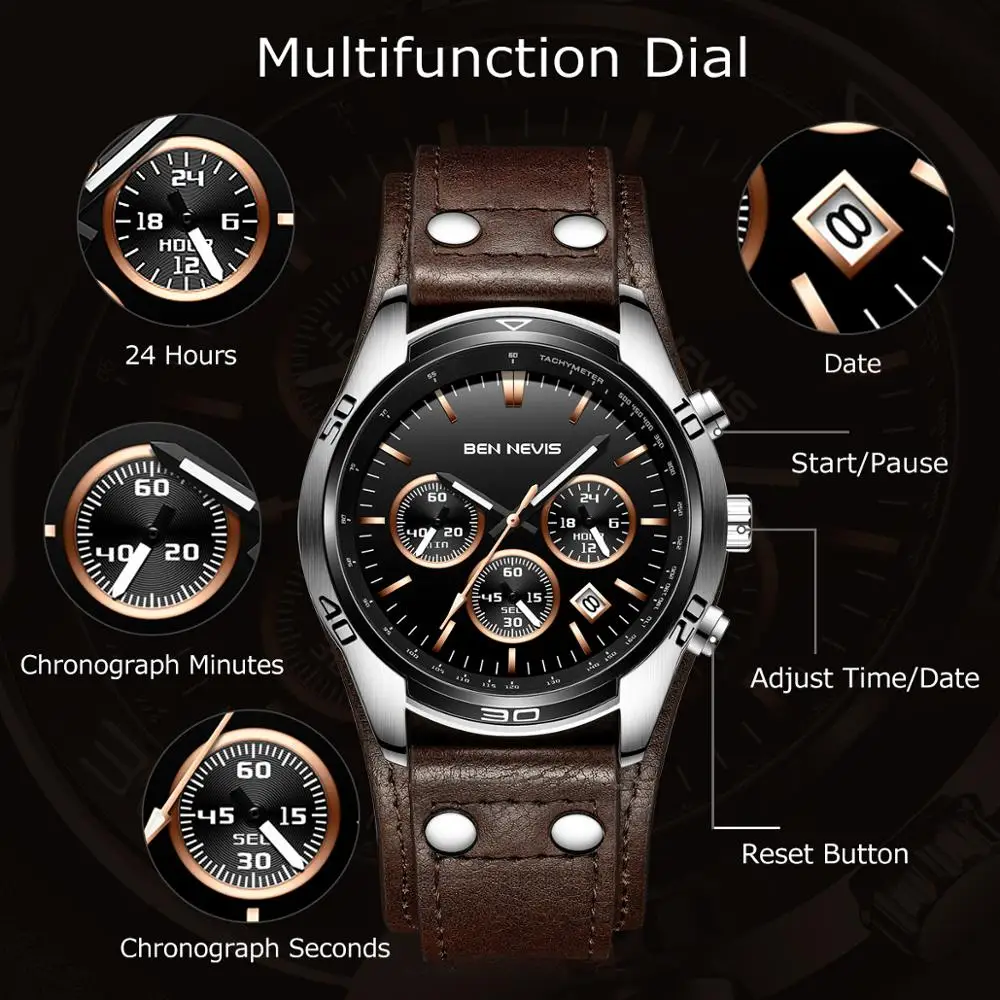 Мужские водонепроницаемые кварцевые часы с кожаным ремешком в стиле