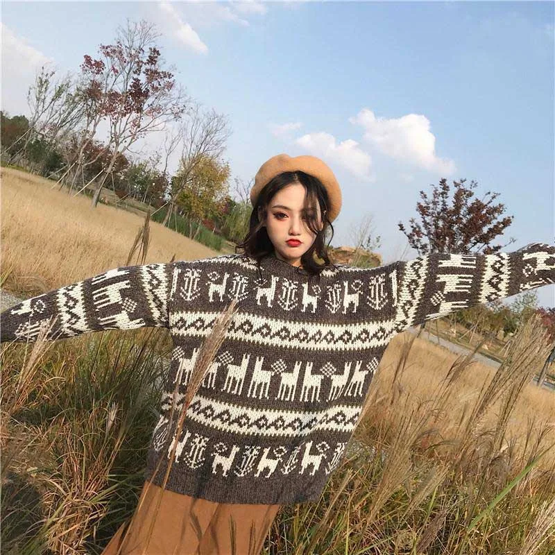 NiceMix Christmas Deer Online Celebrity Sweater New Year Red Winter Style Laziness-Style Loose Warm Yarn Tops | Женская одежда