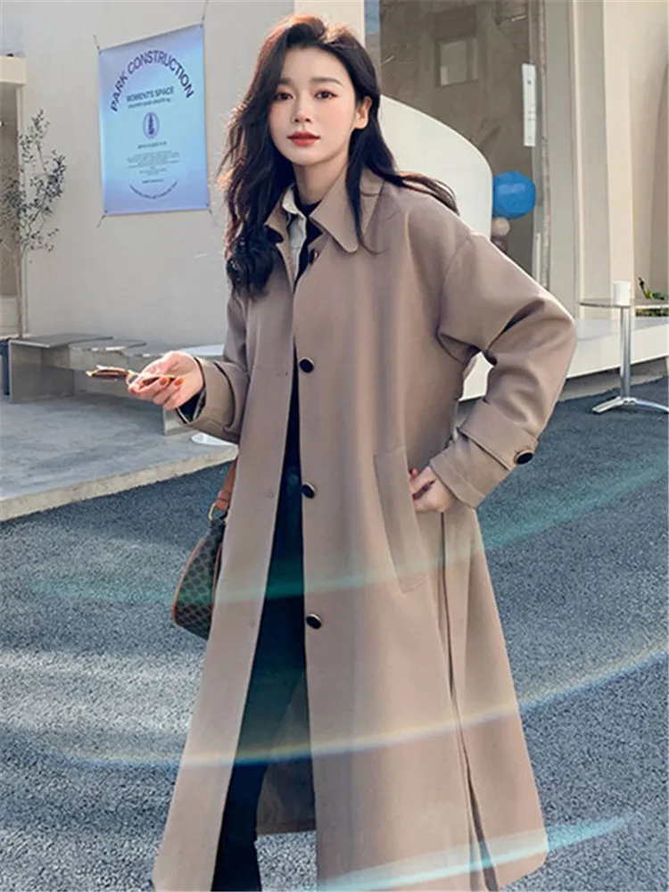 

Women's Windbreaker Spring Autumn New Korean Fashion Loose Solid Color High-quality Single-breasted Long Sleeve Feminine Coat087