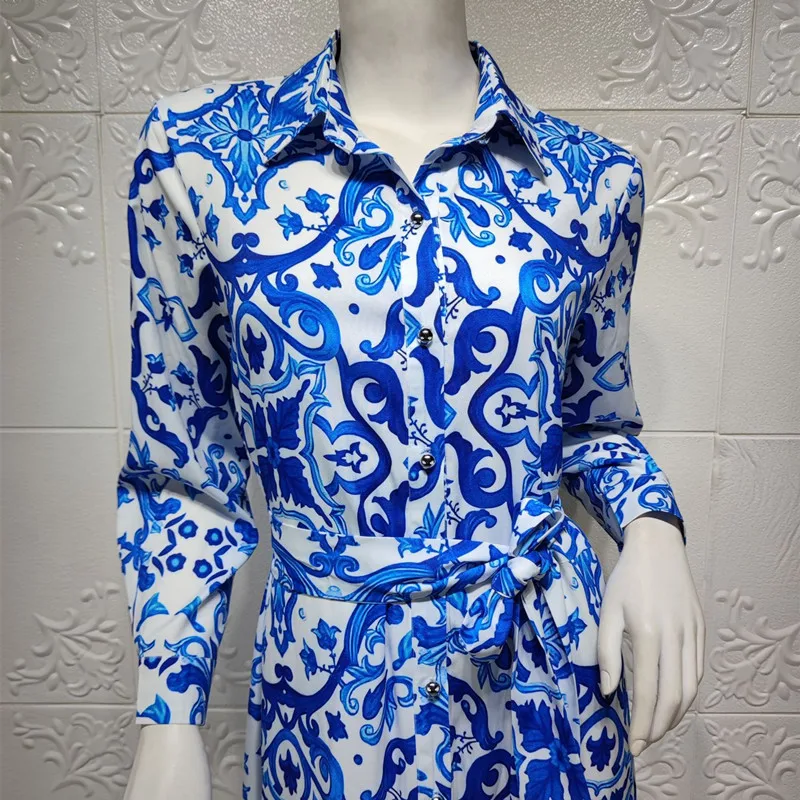 2021 Ladies Blue Floral Maxi Dress Lapel Long Sleeve Malay Indonesia Dubai Arabi Middle East Muslim Abaya