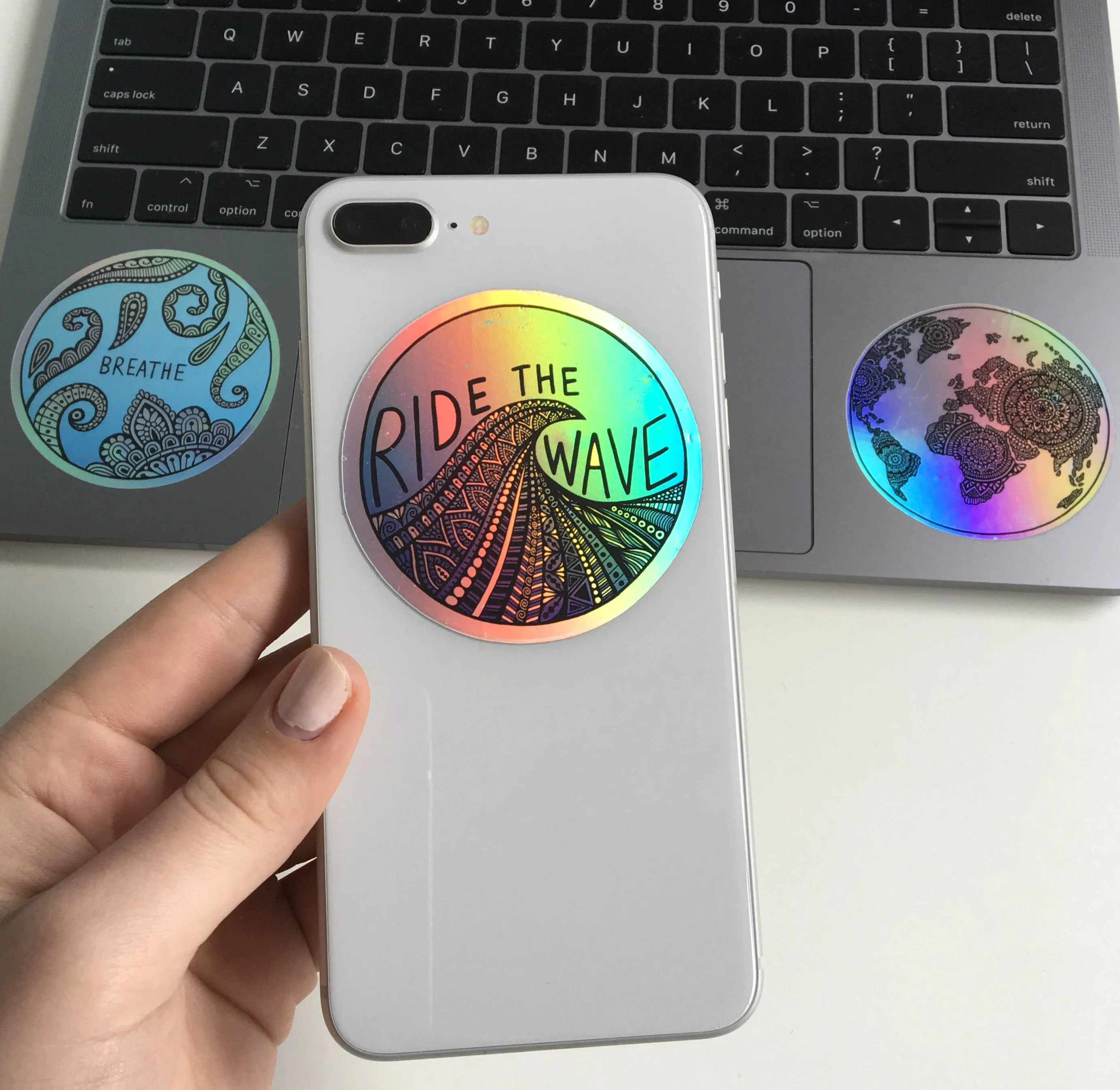 100pcs custom holographic stickers aesthetic phone laptop bike waterproof personalized laser labels die out business logo decal free global shipping
