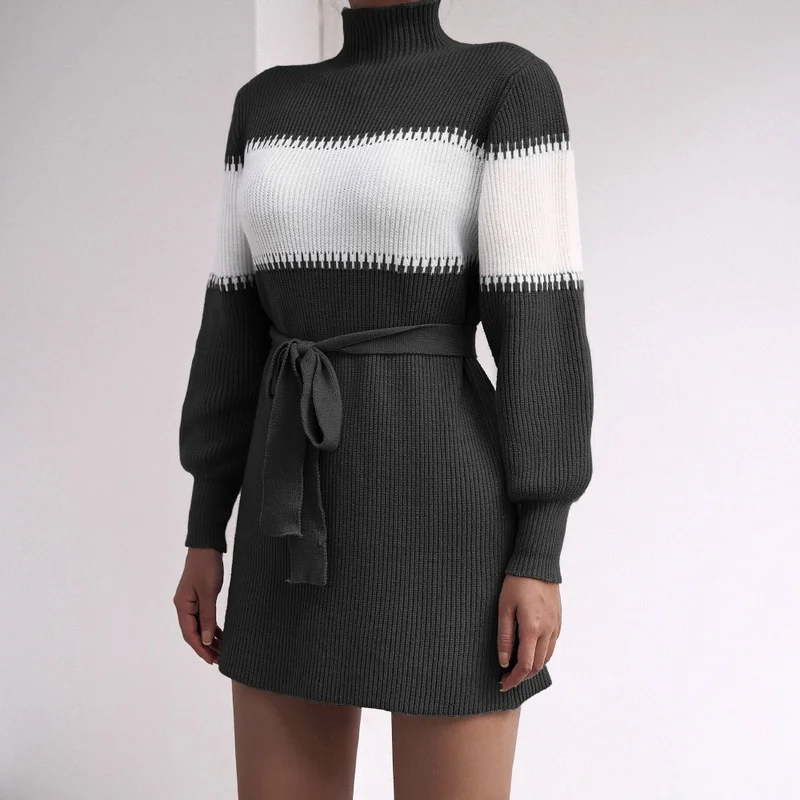 

Women's Long-sleeved Casual Color Matching Half-high Neck Knitted Sweater Dress Winter Patchwork Casual Knitted Dress 2021