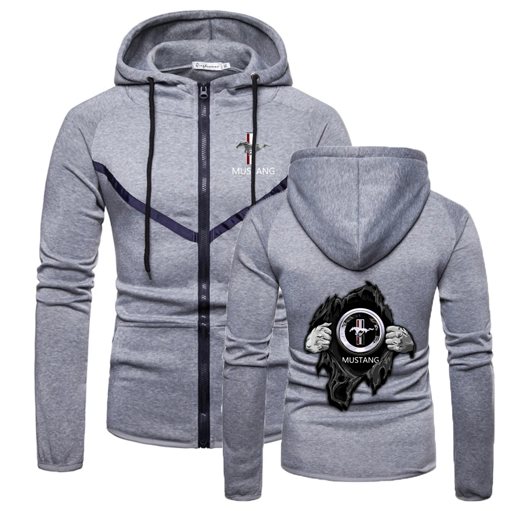 

New Men Mustang Logo Brand High Quality Wild Hoodies Fitness Sweatshirts Solid Color Style Zipper Muscle Sportswear Coat