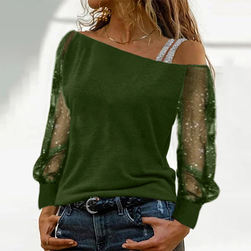 

strapless Mesh Sequins autumn Winter long Sleeve Plus Size Women's Tees Fashion Slash Neck Off Shoulder Solid Color Top T-shirt
