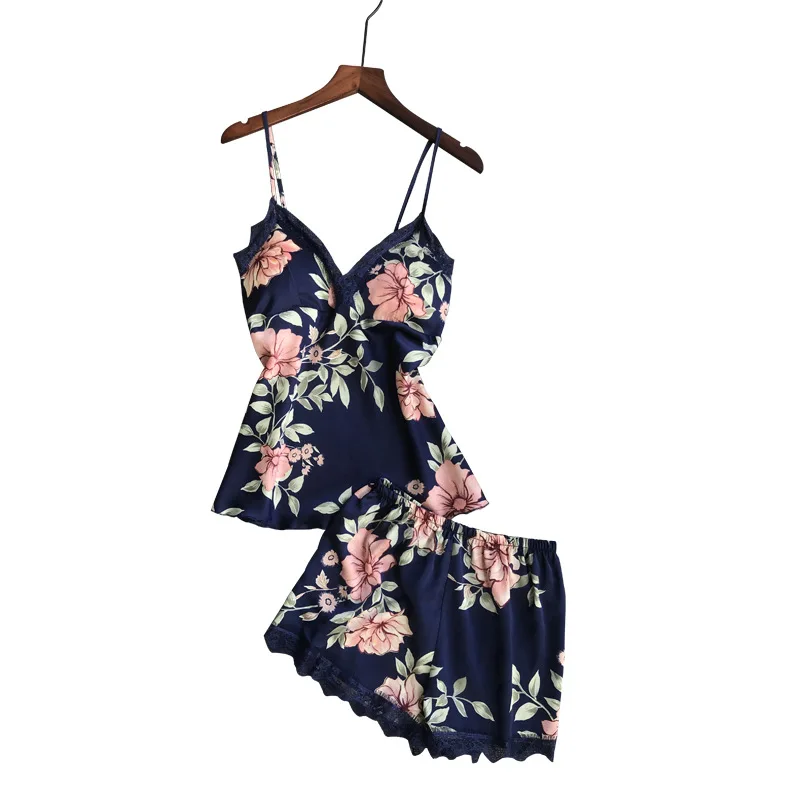 

Print Flower Pajamas Suit Female Summer New Nightwear Sexy 2PCS Sleep Set Pyjamas 2021 Summer New Sleepwear Home Clothing