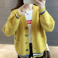 women yellow sweater v neck single breasted knit cardigans autumn winter red black sweater big pockets korean knitted sweaters