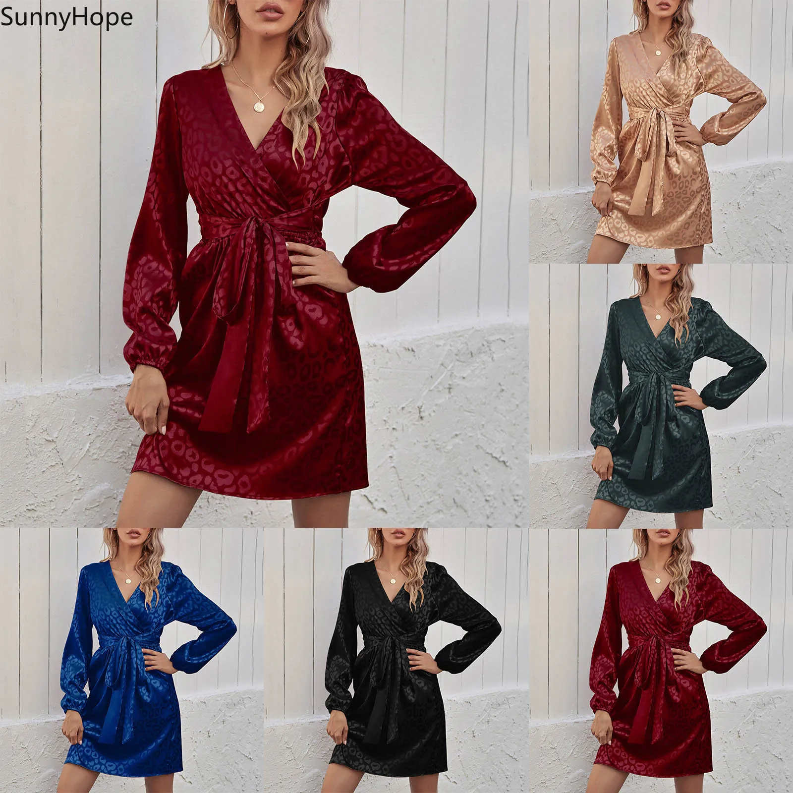 

Fashion Dresses Women 2021 Casual Loose Leopard Printed Sexy V-Neck Long Sleeve Party Elegant Slim Mini Dress Beach Vestidos #40