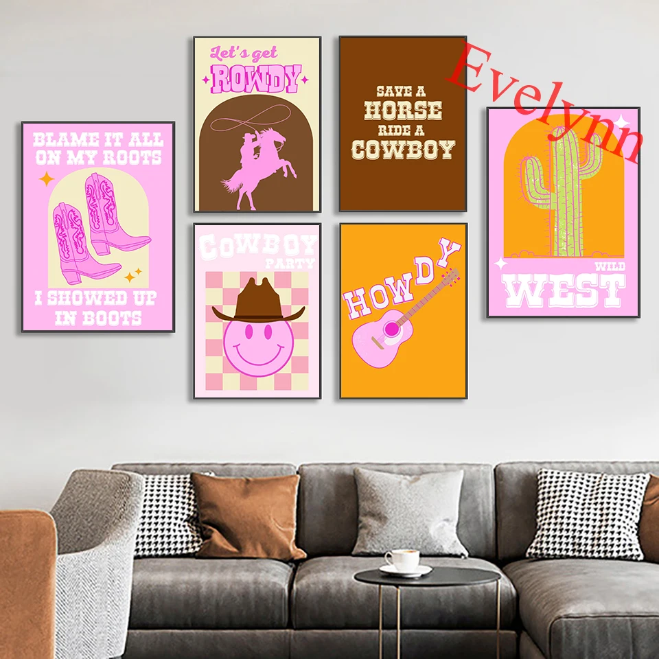 

Nordic Pink Cowgirl Theme Set Of 6 Posters And Prints Hd Wall Art Canvas Painting Pink Western Modular Pictures For Living Room