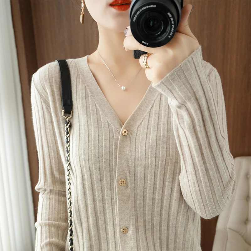 

Tailor Sheep V-neck Knitted Merino Wool Cardigan Women's Spring Autumn Long Sleeve Loose Solid Outer Sweater