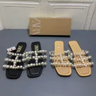 Женские летние тапочки ZA, элегантные туфли на плоской подошве с жемчужной вставкой, бежевые квадратные женские туфли с бисером, новинка 2021