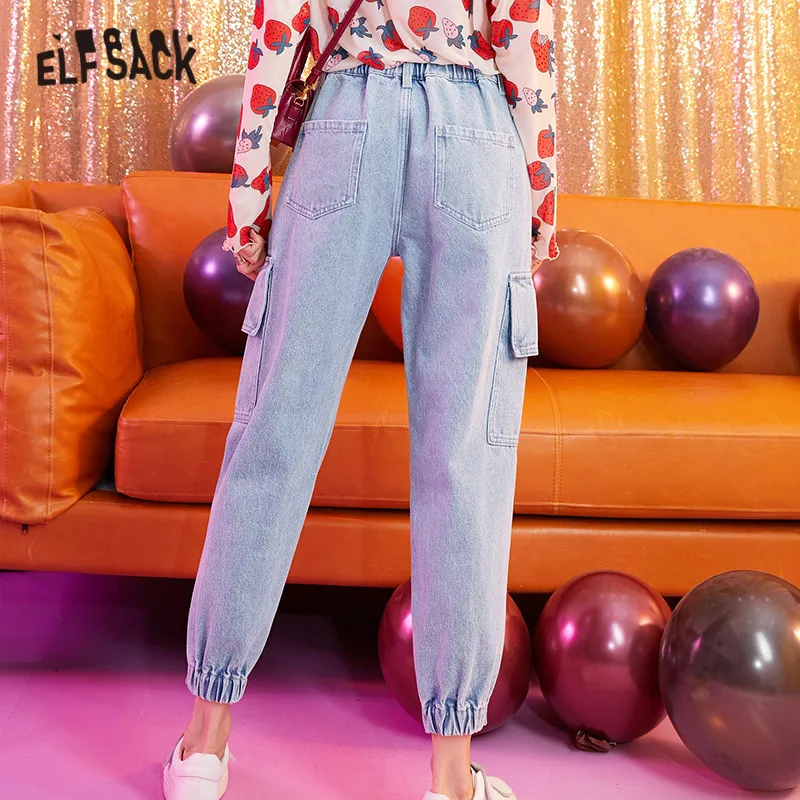 ELFSACK синие одноцветные вымытые прямые повседневные шаровары женские 2019 Осенние