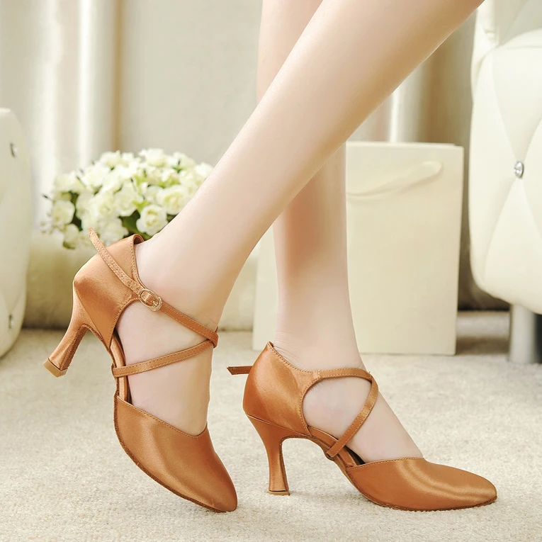 Ladies Girls Ballroom Shoe Shine Satin Women's Dancesport High Heeled Closed Toe Latin Salsa Social Dance Shoes | Спорт и