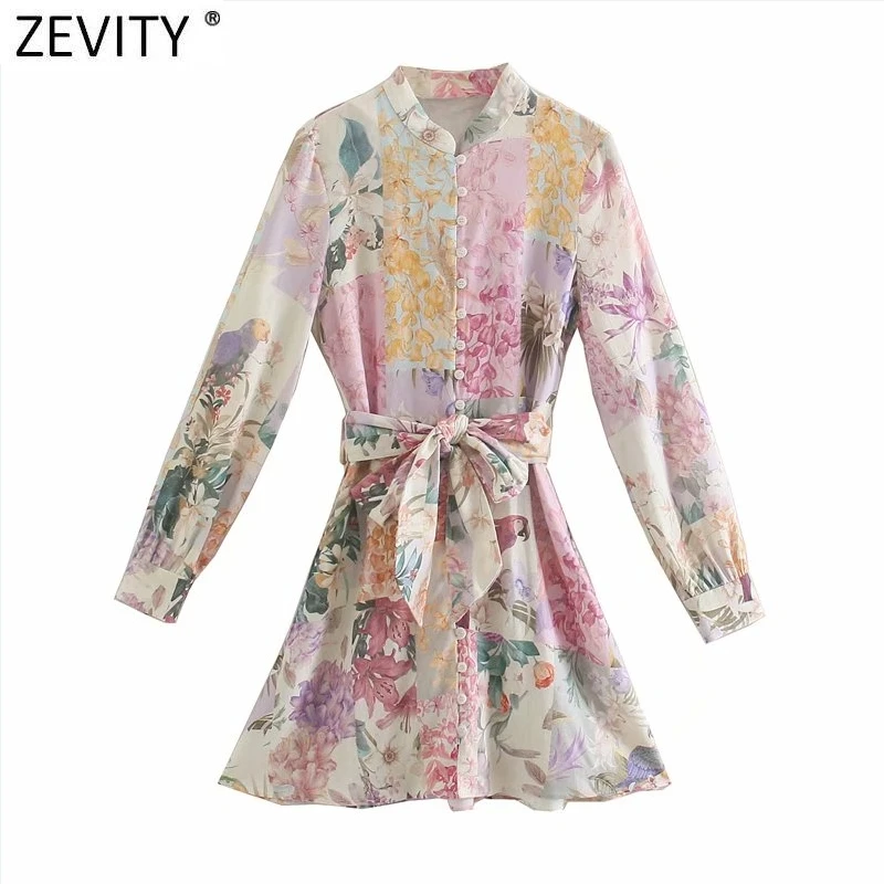 

Zevity Women Elegant Pink Flower Print Breasted Shirtdress Female Long Sleeve Bow Sashes Vestido Chic A Line Mini Dresses DS8173