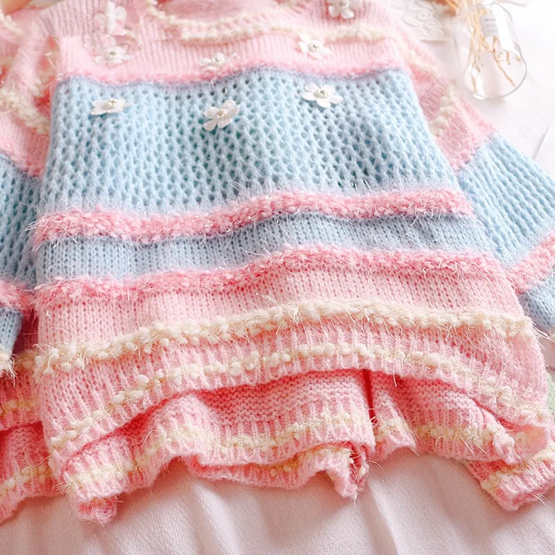 Осенний японский сладкий Junior's короткий свитер милый 3D Цветочный пэчворк